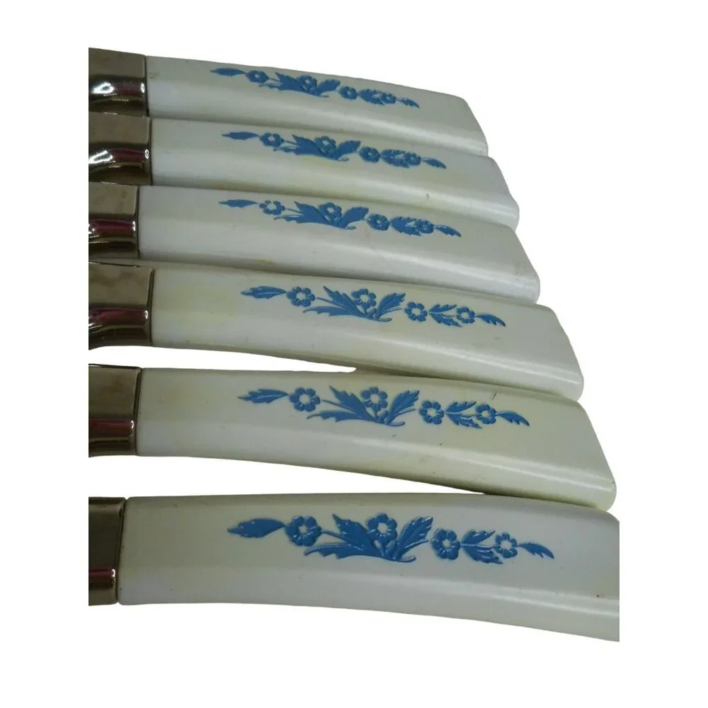 6 VTG Serrated Steak Knife Cornflower Blue Pyrex compat England Stainless Steel